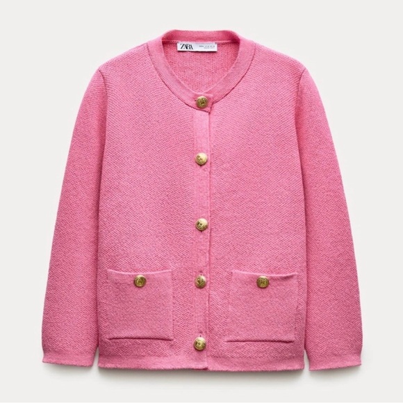Zara Vibrant Pink Knit Cardigan with Gold Accents - Picture 3 of 4